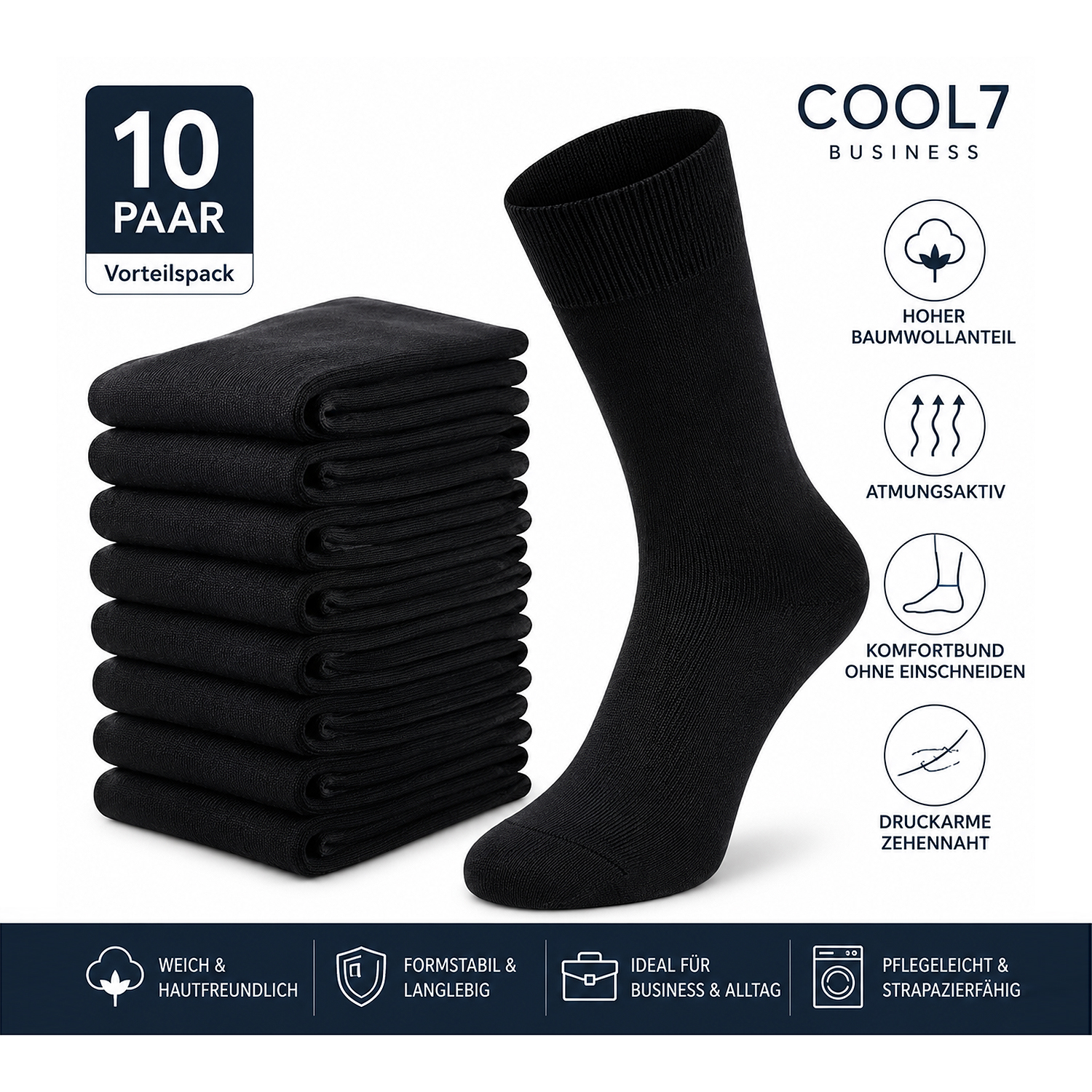 10 Paar Herren Business Socken – Baumwolle, ohne  drückende Naht