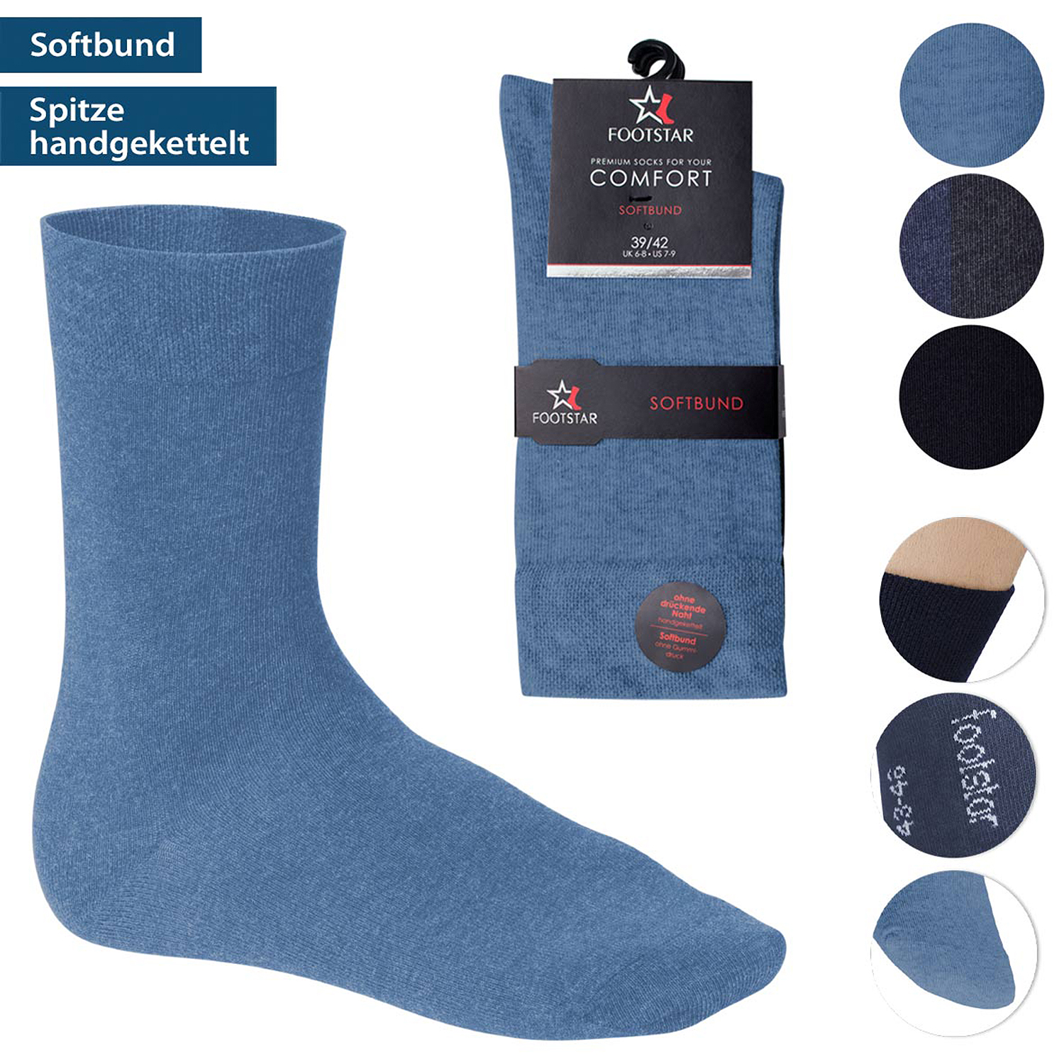 Herren Socken Premium mit Softbund ohne Gummidruck Jeans-Navy 3er Pack