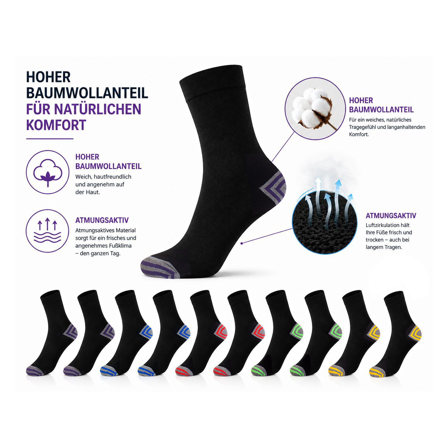Herren Socken schwarz Colour 10 Paar ( 2 x 5er Pack), venenfreundlich atmungsaktiv