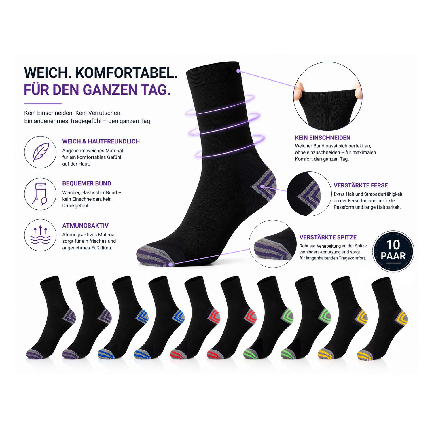 Herren Socken schwarz Colour 10 Paar ( 2 x 5er Pack), venenfreundlich atmungsaktiv