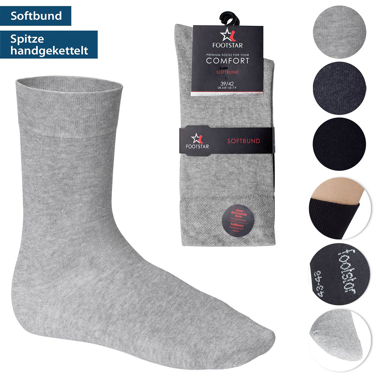 Herren Socken Premium mit Softbund ohne Gummidruck Grau-Schwarz 3er Pack 39 - 42