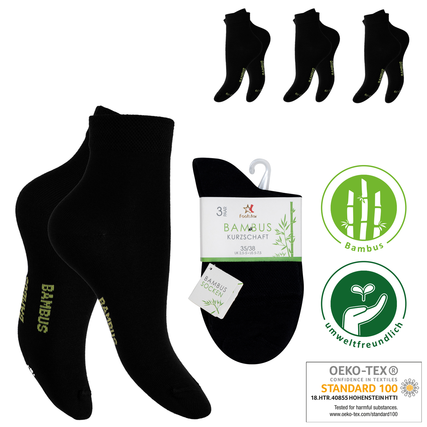 Damen Kurzschaftsocken Bambus mit Komfortbund 3er Pack schwarz