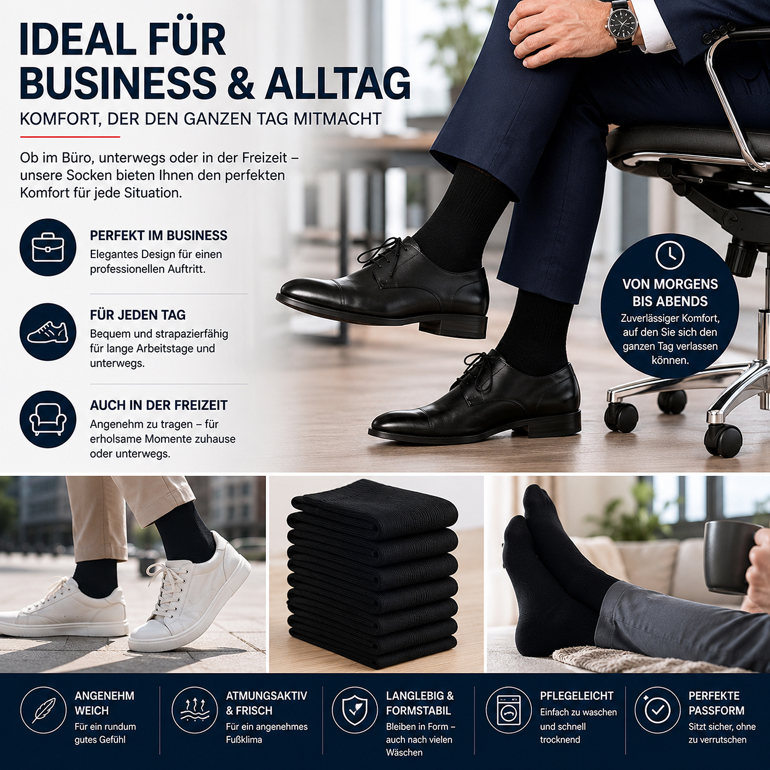 10 Paar Herren Business Socken – Baumwolle, ohne  drückende Naht